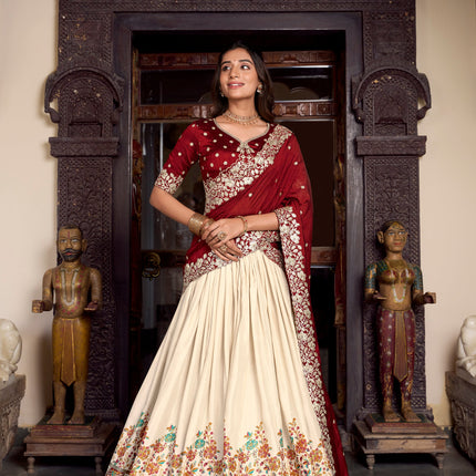 Lorenvalley Off White Tussar Silk Printed With Foil Work Lehenga Choli with Dupatta