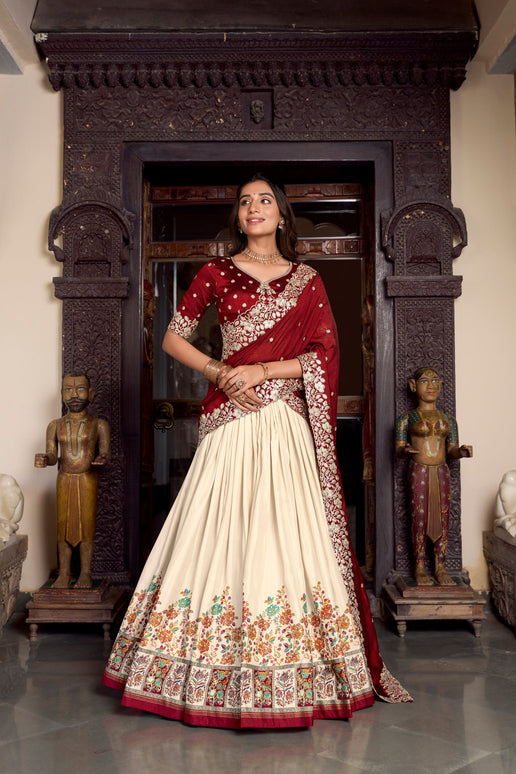 Lorenvalley Off White Tussar Silk Printed With Foil Work Lehenga Choli with Dupatta