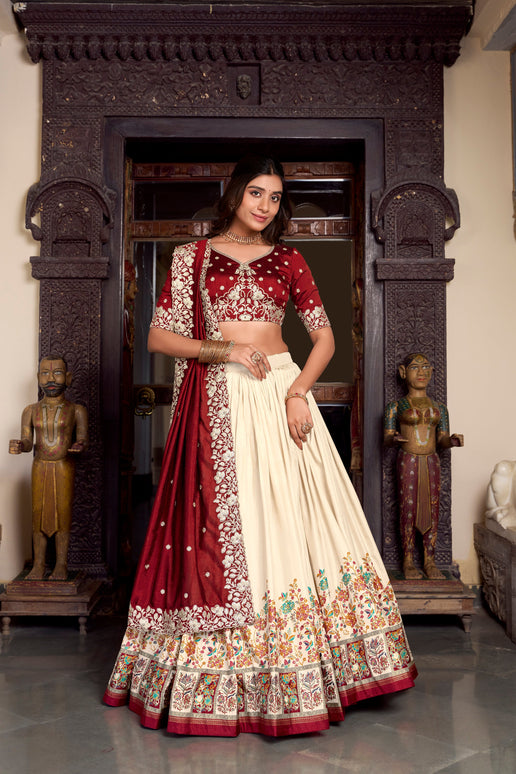 Lorenvalley Off White Tussar Silk Printed With Foil Work Lehenga Choli with Dupatta