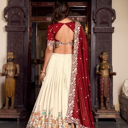 Lorenvalley Off White Tussar Silk Printed With Foil Work Lehenga Choli with Dupatta