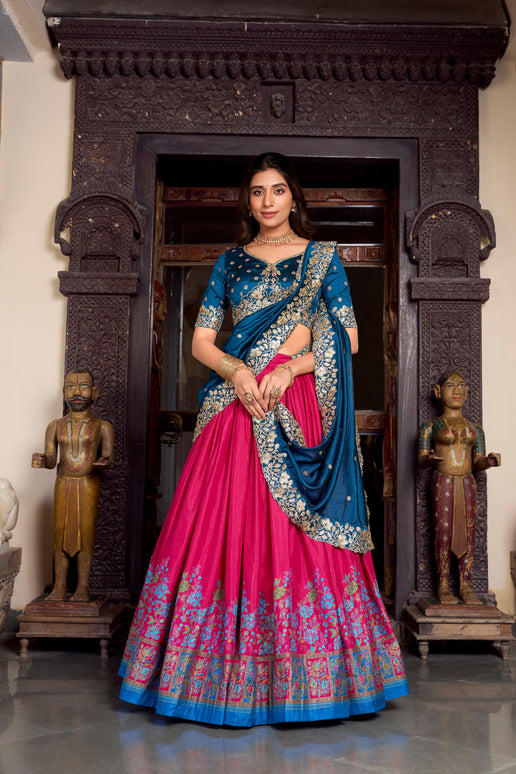 Lorenvalley Pink Tussar Silk Printed With Foil Work Lehenga Choli with Dupatta