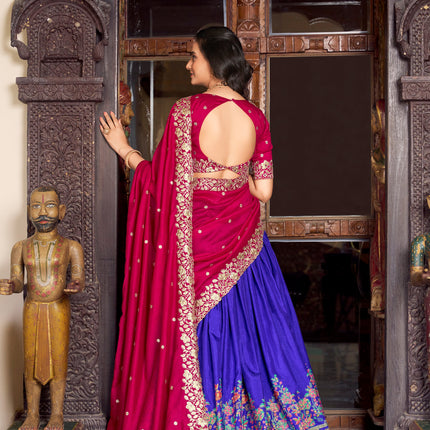 Lorenvalley Royal Blue Tussar Silk Printed With Foil Work Lehenga Choli with Dupatta