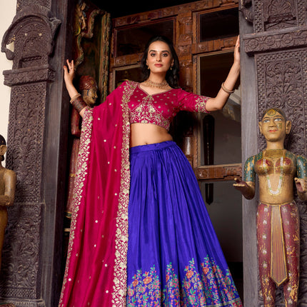 Lorenvalley Royal Blue Tussar Silk Printed With Foil Work Lehenga Choli with Dupatta