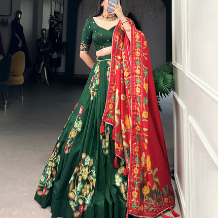 Lorenvalley Green Tussar Silk Printed And Foil Work With Lace Touch Up Lehenga Choli with Dupatta
