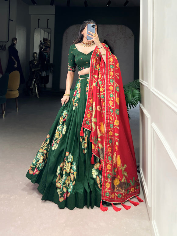 Lorenvalley Green Tussar Silk Printed And Foil Work With Lace Touch Up Lehenga Choli with Dupatta
