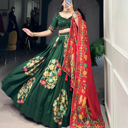 Lorenvalley Green Tussar Silk Printed And Foil Work With Lace Touch Up Lehenga Choli with Dupatta