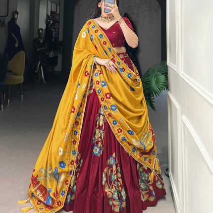 Lorenvalley Maroon Tussar Silk Printed And Foil Work With Lace Touch Up Lehenga Choli with Dupatta
