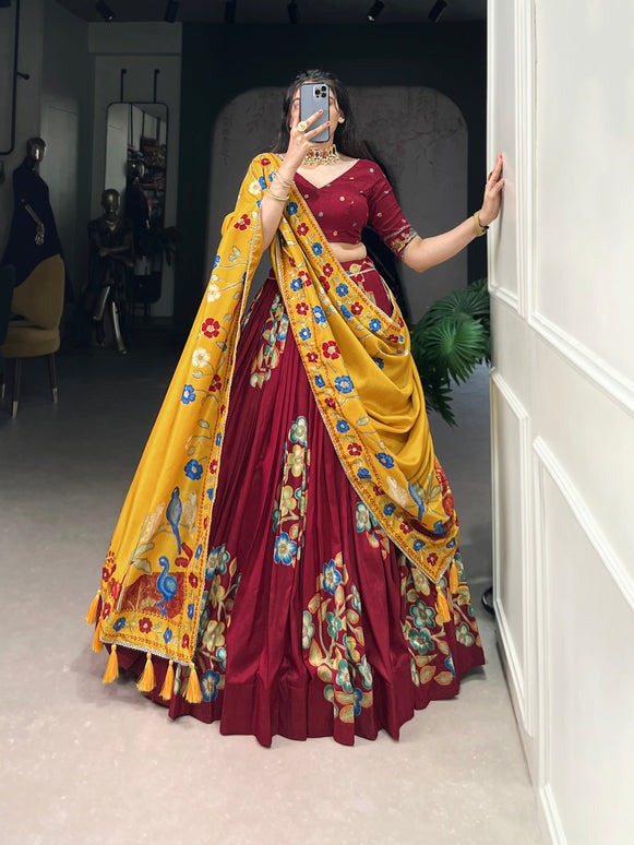 Lorenvalley Maroon Tussar Silk Printed And Foil Work With Lace Touch Up Lehenga Choli with Dupatta