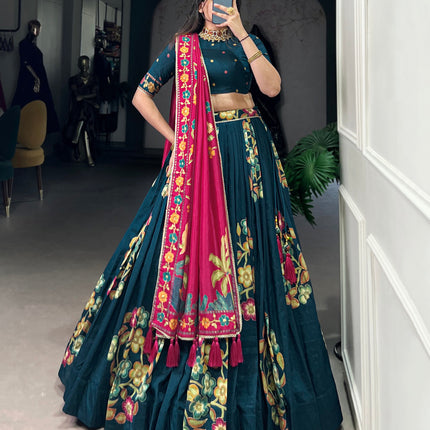 Lorenvalley Teal Tussar Silk Printed And Foil Work With Lace Touch Up Lehenga Choli with Dupatta