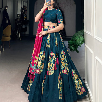 Lorenvalley Teal Tussar Silk Printed And Foil Work With Lace Touch Up Lehenga Choli with Dupatta