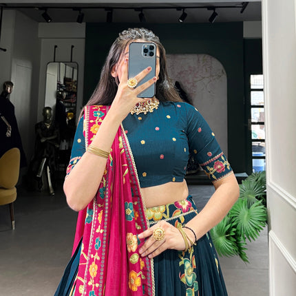 Lorenvalley Teal Tussar Silk Printed And Foil Work With Lace Touch Up Lehenga Choli with Dupatta