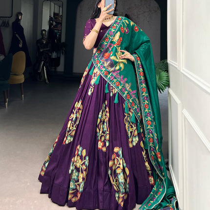 Lorenvalley Purple Tussar Silk Printed And Foil Work With Lace Touch Up Lehenga Choli with Dupatta