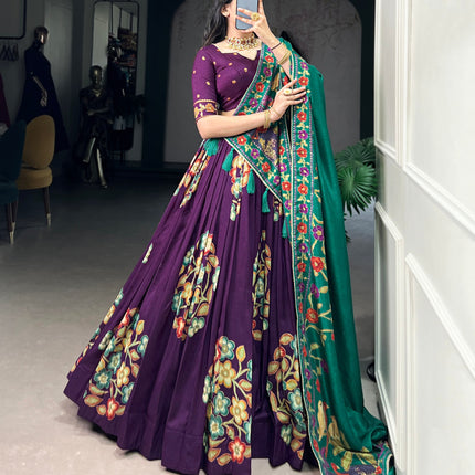Lorenvalley Purple Tussar Silk Printed And Foil Work With Lace Touch Up Lehenga Choli with Dupatta