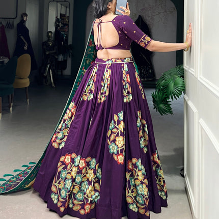 Lorenvalley Purple Tussar Silk Printed And Foil Work With Lace Touch Up Lehenga Choli with Dupatta