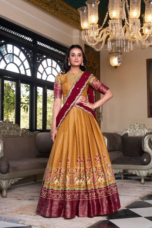 Lorenvalley Mustard Kanchipuram Printed With Zari Weaving Work Lehenga Choli with Dupatta