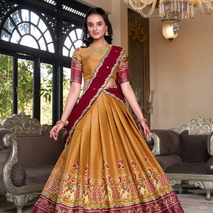 Lorenvalley Mustard Kanchipuram Printed With Zari Weaving Work Lehenga Choli with Dupatta