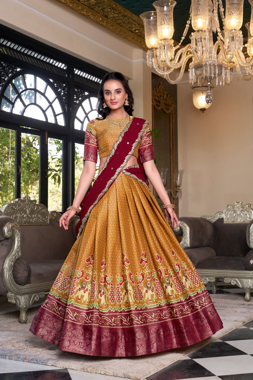 Lorenvalley Mustard Kanchipuram Printed With Zari Weaving Work Lehenga Choli with Dupatta
