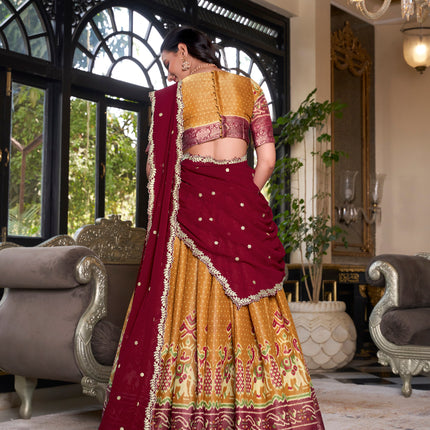 Lorenvalley Mustard Kanchipuram Printed With Zari Weaving Work Lehenga Choli with Dupatta