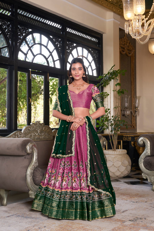 Lorenvalley Pink Kanchipuram Printed With Zari Weaving Work Lehenga Choli with Dupatta