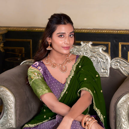 Lorenvalley Purple Kanchipuram Printed With Zari Weaving Work Lehenga Choli with Dupatta