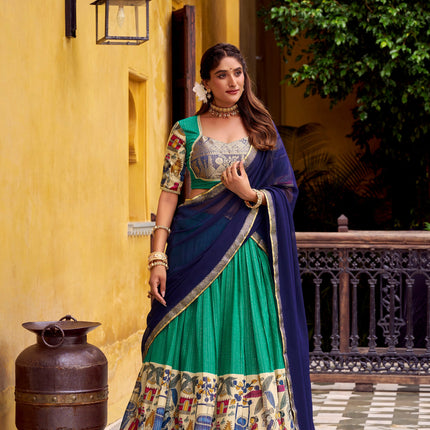 Lorenvalley Fashion Multicolor Poly Chanderi Zari Stripe Kalamkari Printed With Zari Weaving Work Lehenga Choli with Dupatta