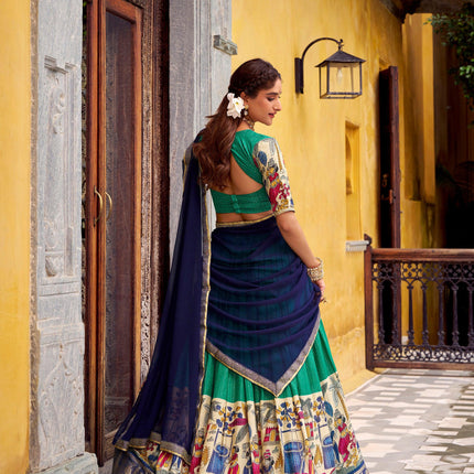 Lorenvalley Fashion Multicolor Poly Chanderi Zari Stripe Kalamkari Printed With Zari Weaving Work Lehenga Choli with Dupatta