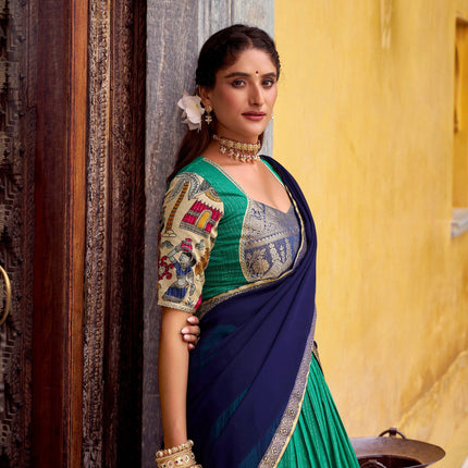 Lorenvalley Fashion Multicolor Poly Chanderi Zari Stripe Kalamkari Printed With Zari Weaving Work Lehenga Choli with Dupatta