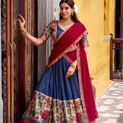 Lorenvalley Fashion Multicolor Poly Chanderi Zari Stripe Kalamkari Printed With Zari Weaving Work Lehenga Choli with Dupatta