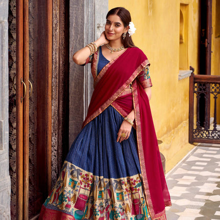 Lorenvalley Fashion Multicolor Poly Chanderi Zari Stripe Kalamkari Printed With Zari Weaving Work Lehenga Choli with Dupatta