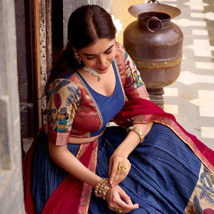 Lorenvalley Fashion Multicolor Poly Chanderi Zari Stripe Kalamkari Printed With Zari Weaving Work Lehenga Choli with Dupatta