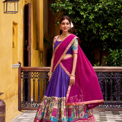 Lorenvalley Fashion Multicolor Poly Chanderi Zari Stripe Kalamkari Printed With Zari Weaving Work Lehenga Choli with Dupatta