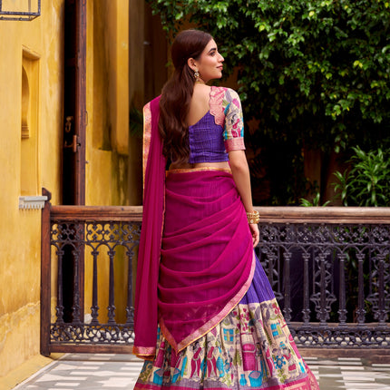 Lorenvalley Fashion Multicolor Poly Chanderi Zari Stripe Kalamkari Printed With Zari Weaving Work Lehenga Choli with Dupatta