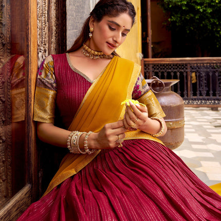 Lorenvalley Fashion Multicolor Poly Chanderi Zari Stripe Kalamkari Printed With Zari Weaving Work Lehenga Choli with Dupatta