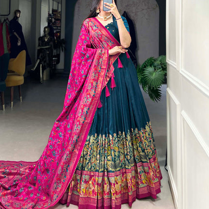 Lorenvalley Teal Tussar Silk Printed With Foil Work Lehenga Choli with Dupatta