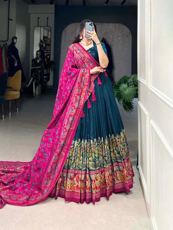 Lorenvalley Teal Tussar Silk Printed With Foil Work Lehenga Choli with Dupatta
