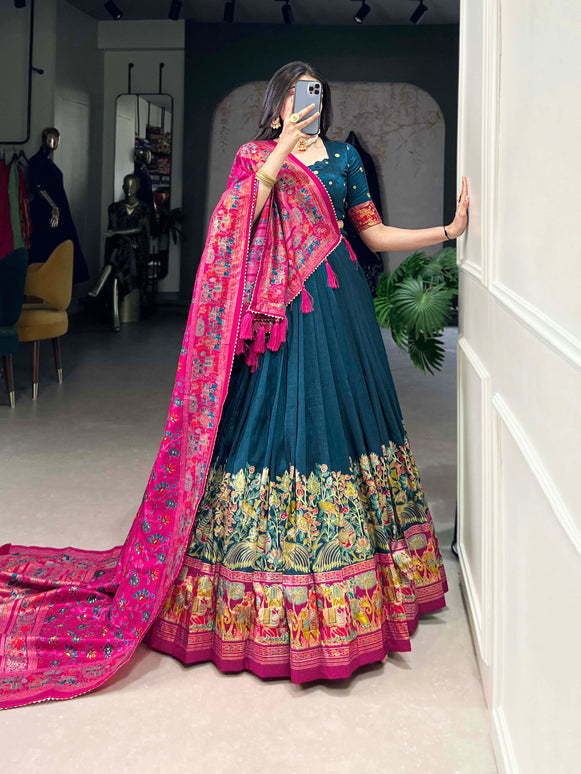 Lorenvalley Teal Tussar Silk Printed With Foil Work Lehenga Choli with Dupatta
