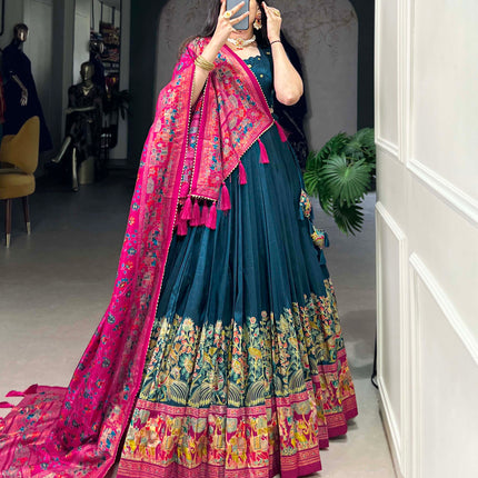 Lorenvalley Teal Tussar Silk Printed With Foil Work Lehenga Choli with Dupatta