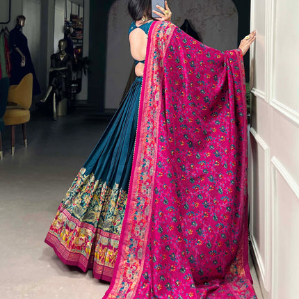 Lorenvalley Teal Tussar Silk Printed With Foil Work Lehenga Choli with Dupatta