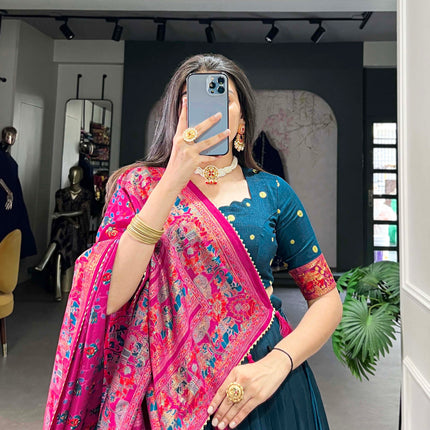 Lorenvalley Teal Tussar Silk Printed With Foil Work Lehenga Choli with Dupatta