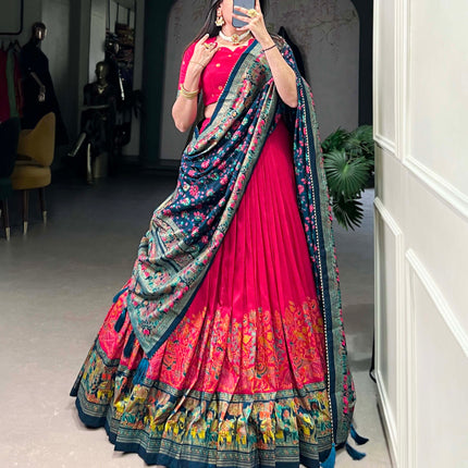 Lorenvalley Pink Tussar Silk Printed With Foil Work Lehenga Choli with Dupatta