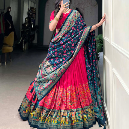 Lorenvalley Pink Tussar Silk Printed With Foil Work Lehenga Choli with Dupatta