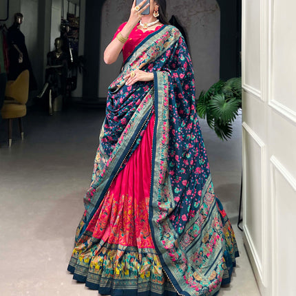 Lorenvalley Pink Tussar Silk Printed With Foil Work Lehenga Choli with Dupatta