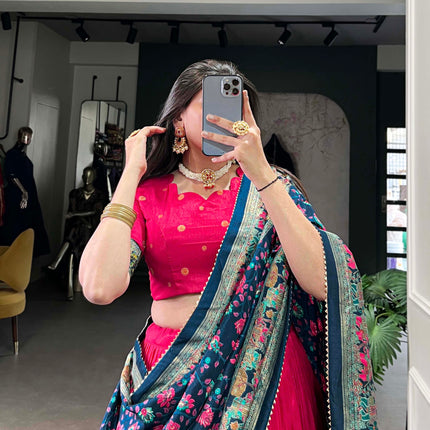 Lorenvalley Pink Tussar Silk Printed With Foil Work Lehenga Choli with Dupatta
