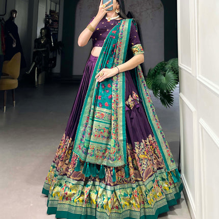 Lorenvalley Purple Tussar Silk Printed With Foil Work Lehenga Choli with Dupatta