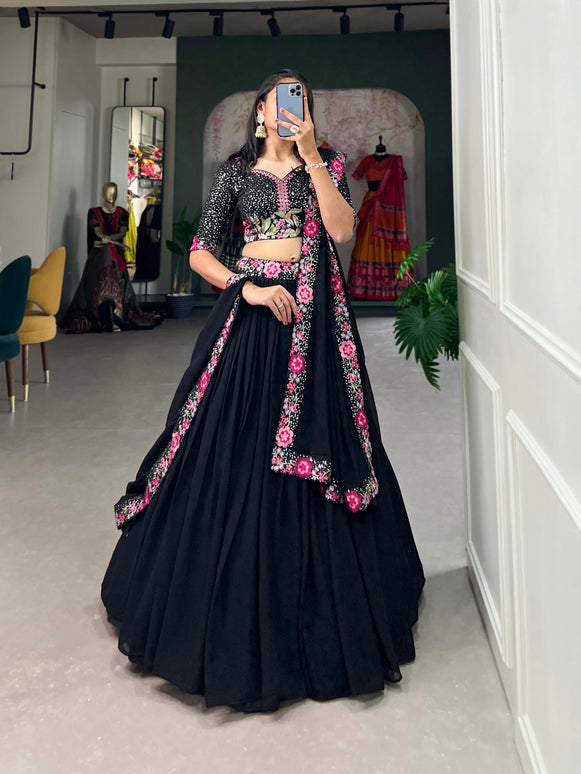 Lorenvalley Black Georgette Plain with Sequins and Thread Embroidery Work Belt Lehenga Choli with Dupatta