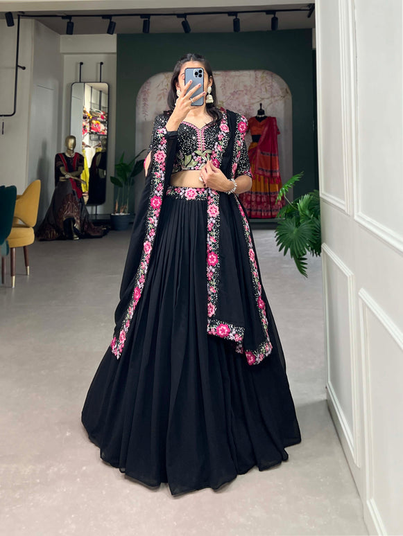 Lorenvalley Black Georgette Plain with Sequins and Thread Embroidery Work Belt Lehenga Choli with Dupatta