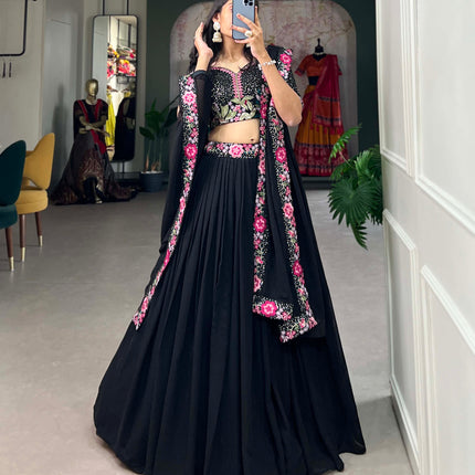Lorenvalley Black Georgette Plain with Sequins and Thread Embroidery Work Belt Lehenga Choli with Dupatta