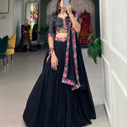 Lorenvalley Black Georgette Plain with Sequins and Thread Embroidery Work Belt Lehenga Choli with Dupatta