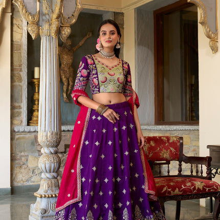 Lorenvalley Purple Vichitra Silk Sequins and Thread Embroidery Work Lehenga Choli with Dupatta