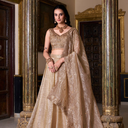 Lorenvalley Chiku Gold Crush Plain Lehenga Choli Embroidery Work with Dupatta